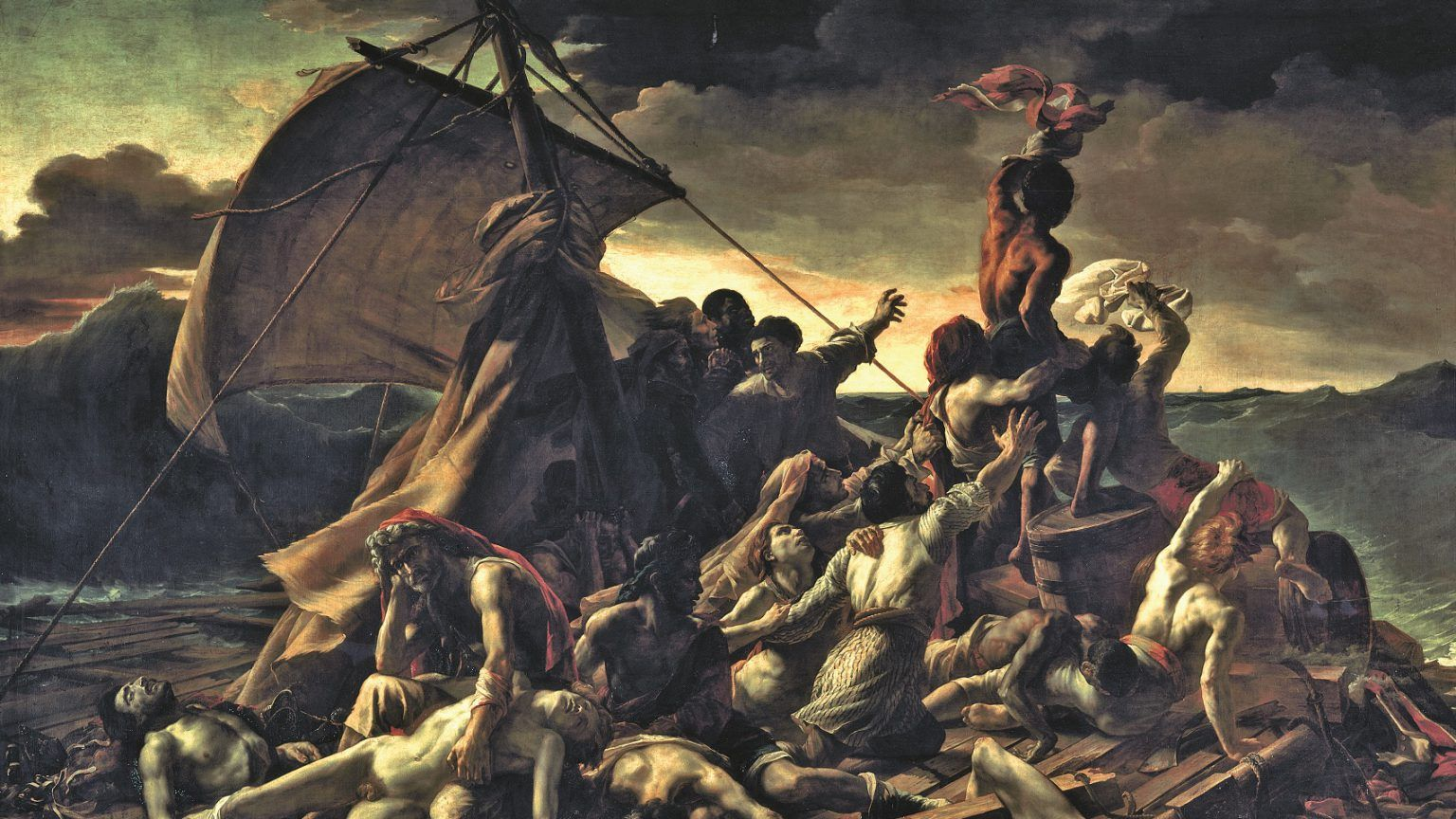Le Radeau de la Méduse  de Théodore Géricault, retrata sobreviventes reais do naufrágio da fragata Méduse, abandonados em uma jangada. Tem como tema o sofrimento humano, abandono pelo Estado, esperança quase extinta.