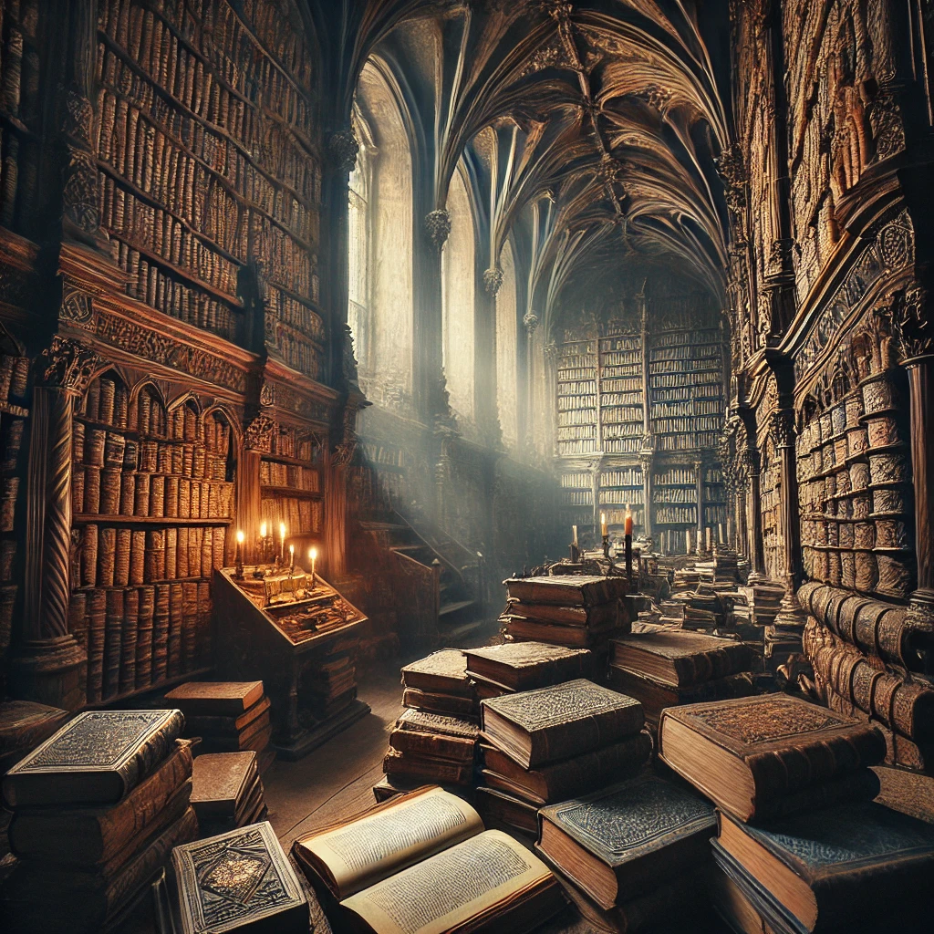 Leituras de 2025 - Uma biblioteca medieval cheia até a borda com livros antigos. As estantes estão transbordando com tomos velhos e desgastados, alguns empilhados de maneira desorganizada