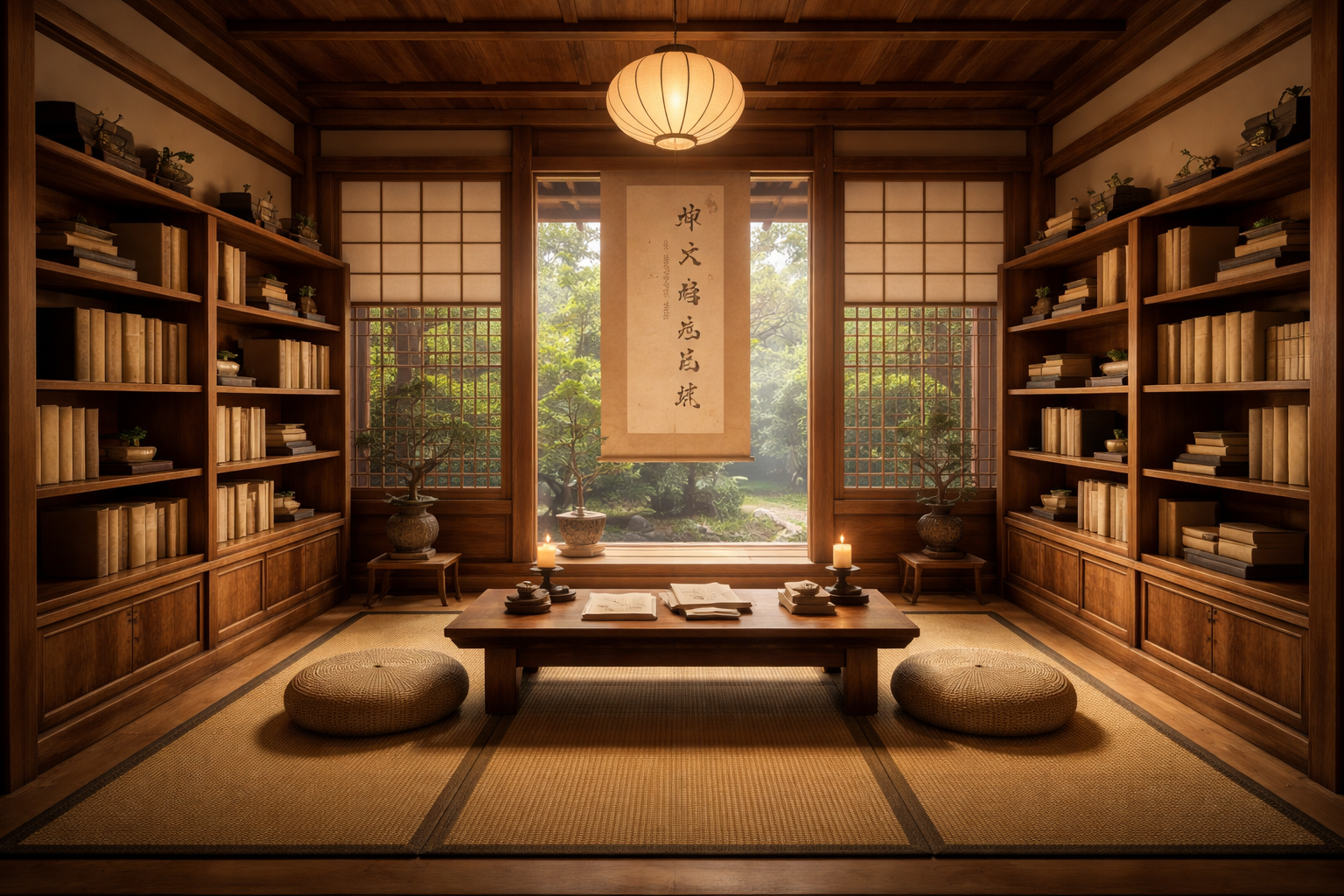 Leituras de 2026 - Biblioteca oriental minimalista em madeira, com poucas estantes cuidadosamente organizadas, livros selecionados em tons neutros e um ambiente sereno. No centro, uma mesa baixa com alguns volumes abertos, almofadas no chão e iluminação suave. Ao fundo, painéis de papel e uma abertura para um jardim verde, transmitindo silêncio, contemplação, sabedoria profunda e a ideia de que menos livros, quando bem escolhidos, concentram mais conhecimento.